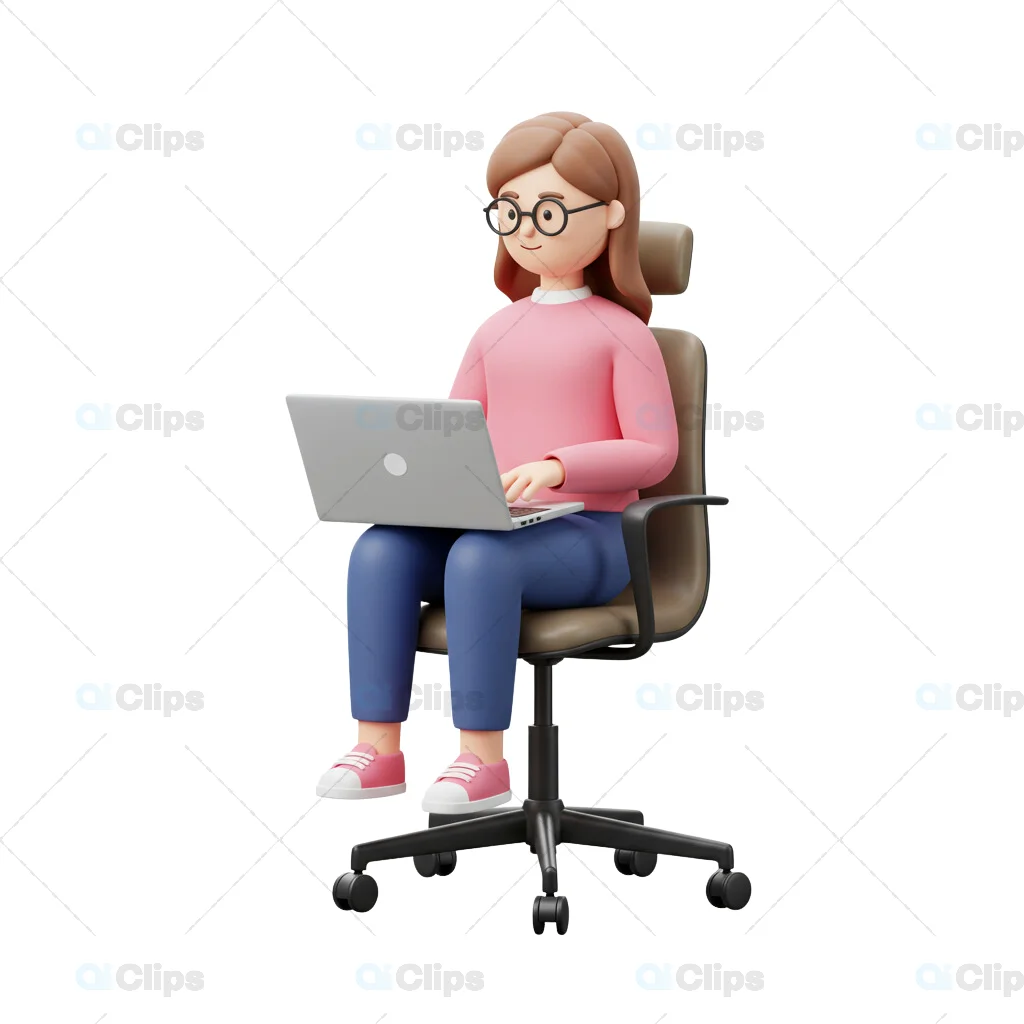 3D Female Character Sitting and Working on Laptop