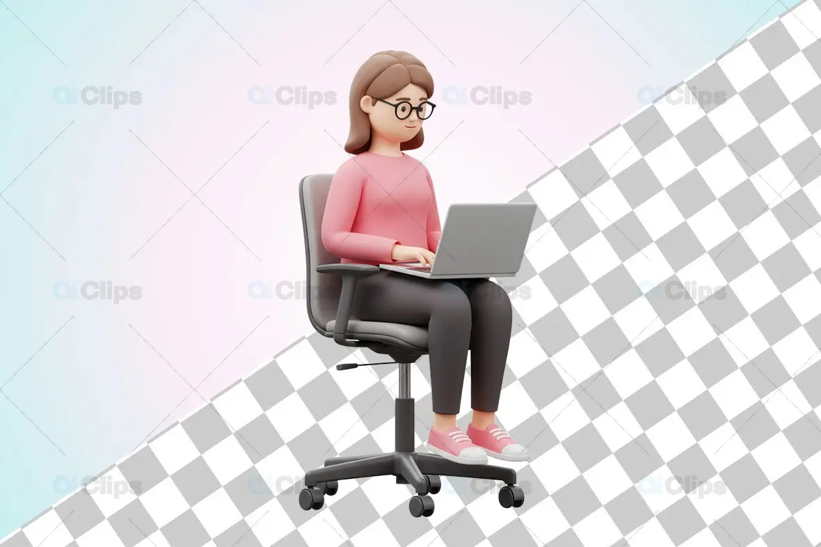 3D Female Character Working on Laptop