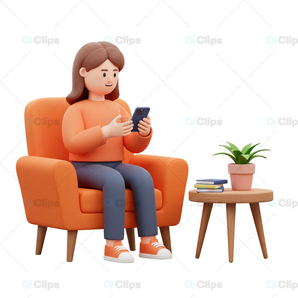 3D Woman Sitting in Orange Chair Using Smartphone