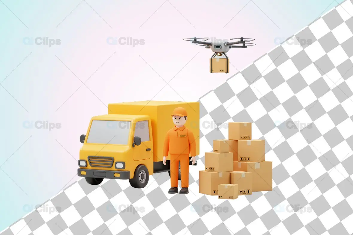 3D Delivery Logistics with Drone and Truck Illustration