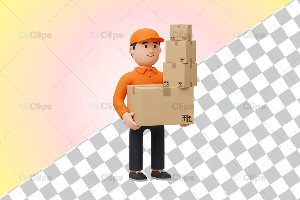 3D Courier Character with Stacked Packages Illustration