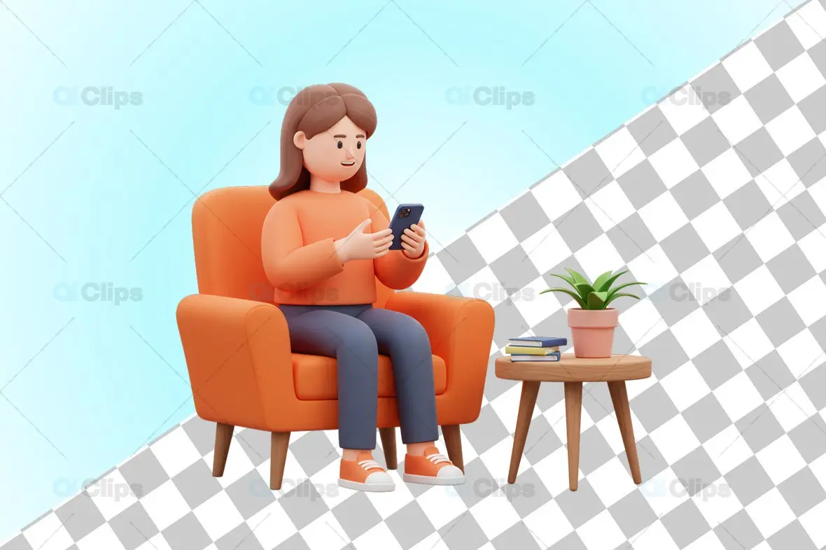 3D Woman Sitting in Orange Chair Using Smartphone