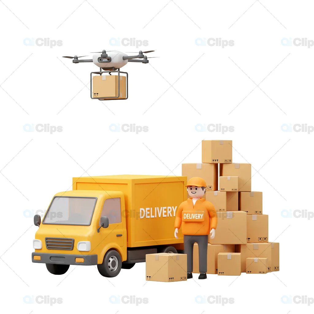 3D Delivery Truck with Drone and Courier Illustration