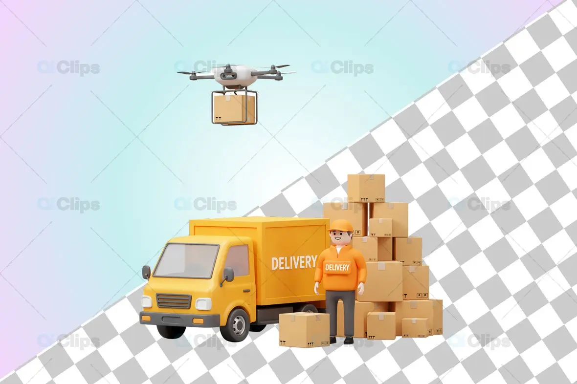 3D Delivery Truck with Drone and Courier Illustration
