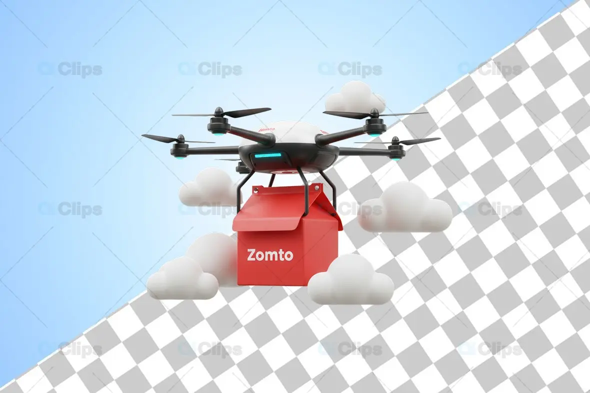 Modern Drone Delivery with Zomato Package in Cloud Scene