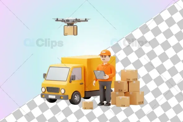 3D Logistics and Drone Delivery Illustration