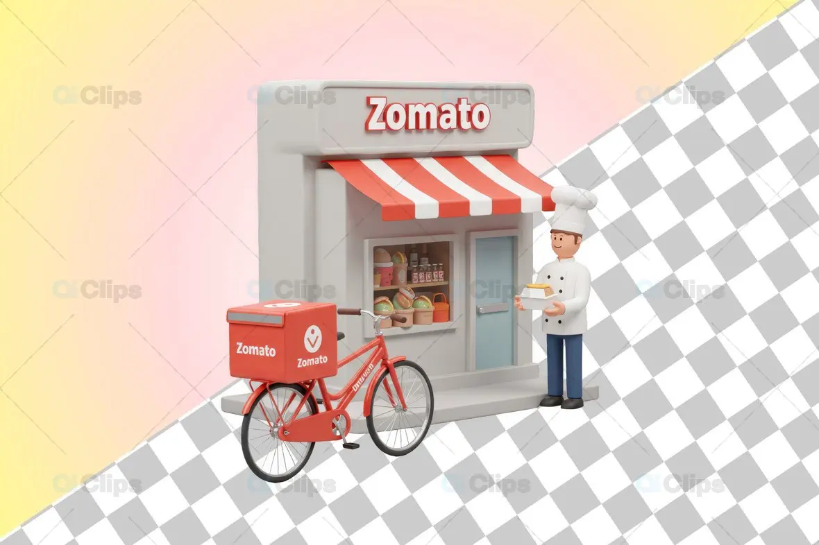 Zomato Food Delivery Outlet with Chef and Bicycle 3D Model
