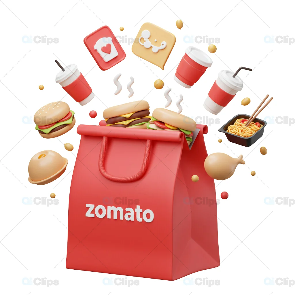 3D Zomato Food Bag with Floating Burgers and Drinks