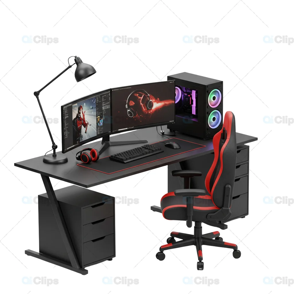 3D Gaming Desk Setup with PC and Chair