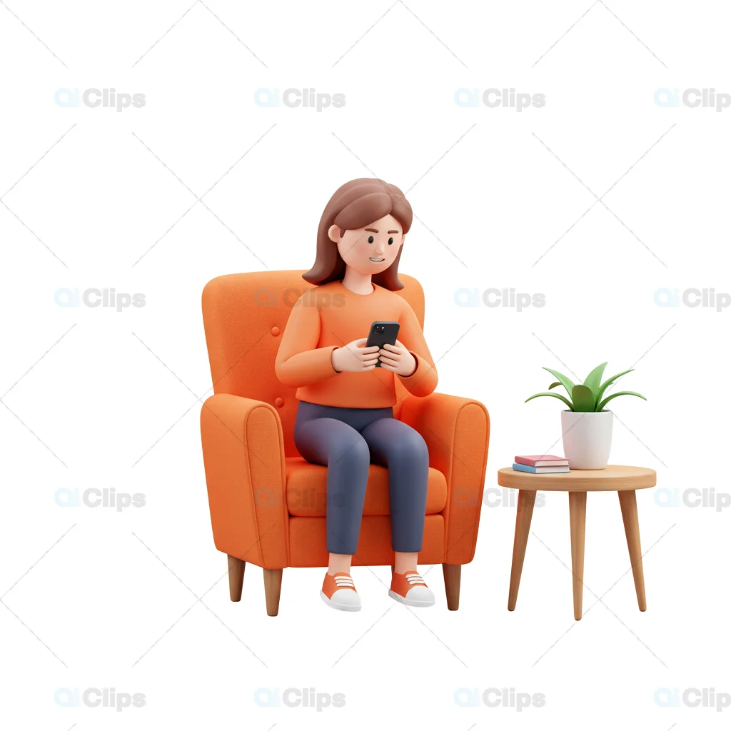 3D Woman Sitting in Orange Chair with Smartphone