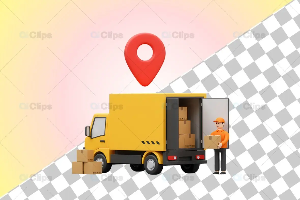 Delivery Truck 3D Illustration with Open Rear and Location Pin