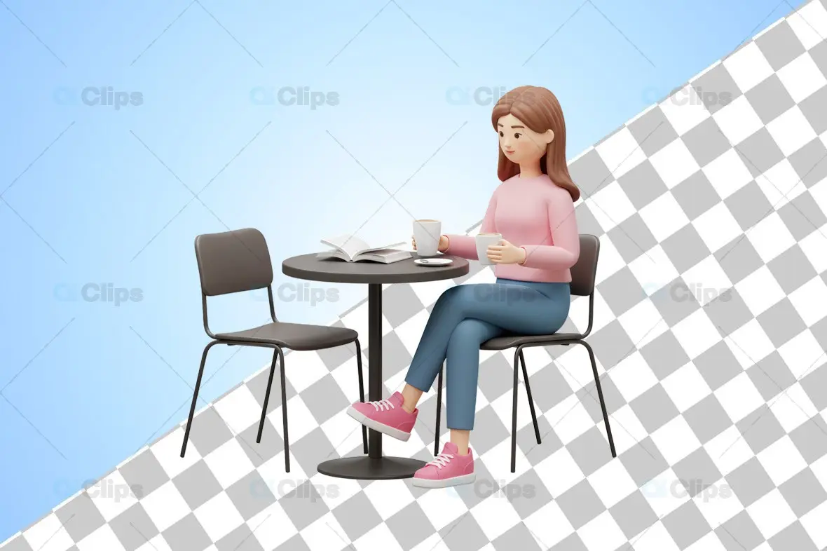 3D Female Character Relaxing with Coffee in Café