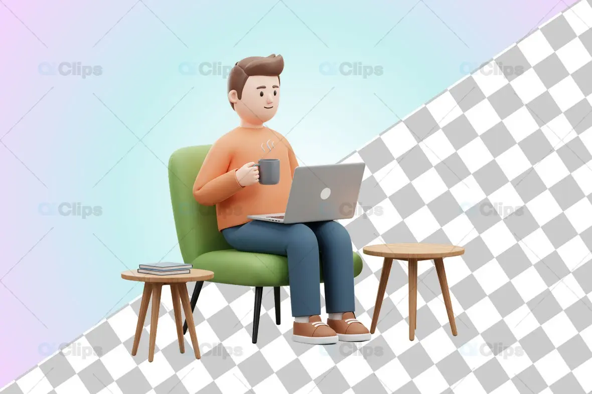 3D Man with Laptop and Coffee in Cozy Setting