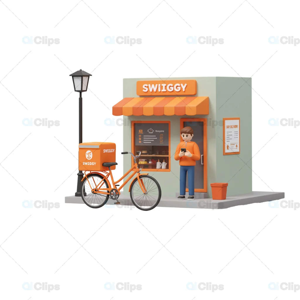Swiggy-Themed 3D Delivery Storefront Illustration