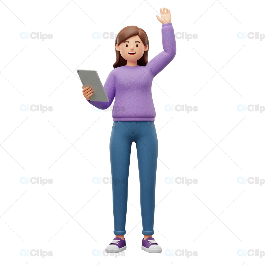 3D Female Character Waving with Tablet