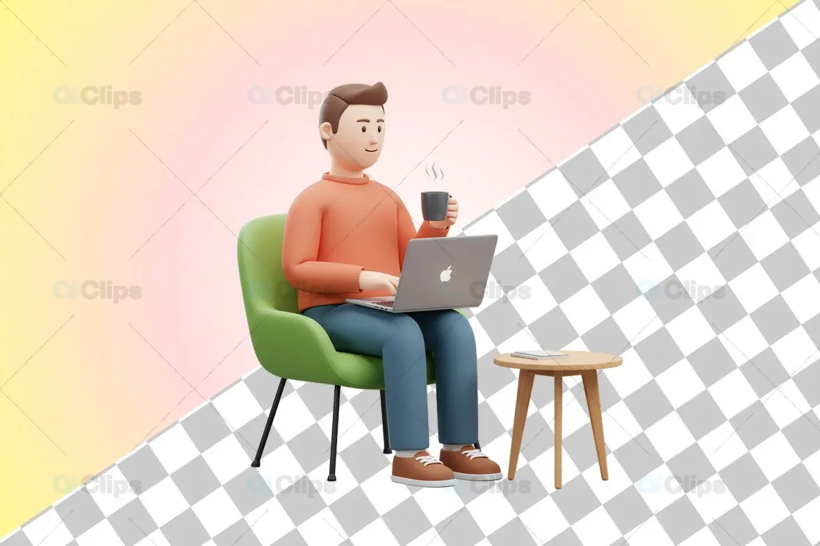 3D Man Working on Laptop with Coffee Mug