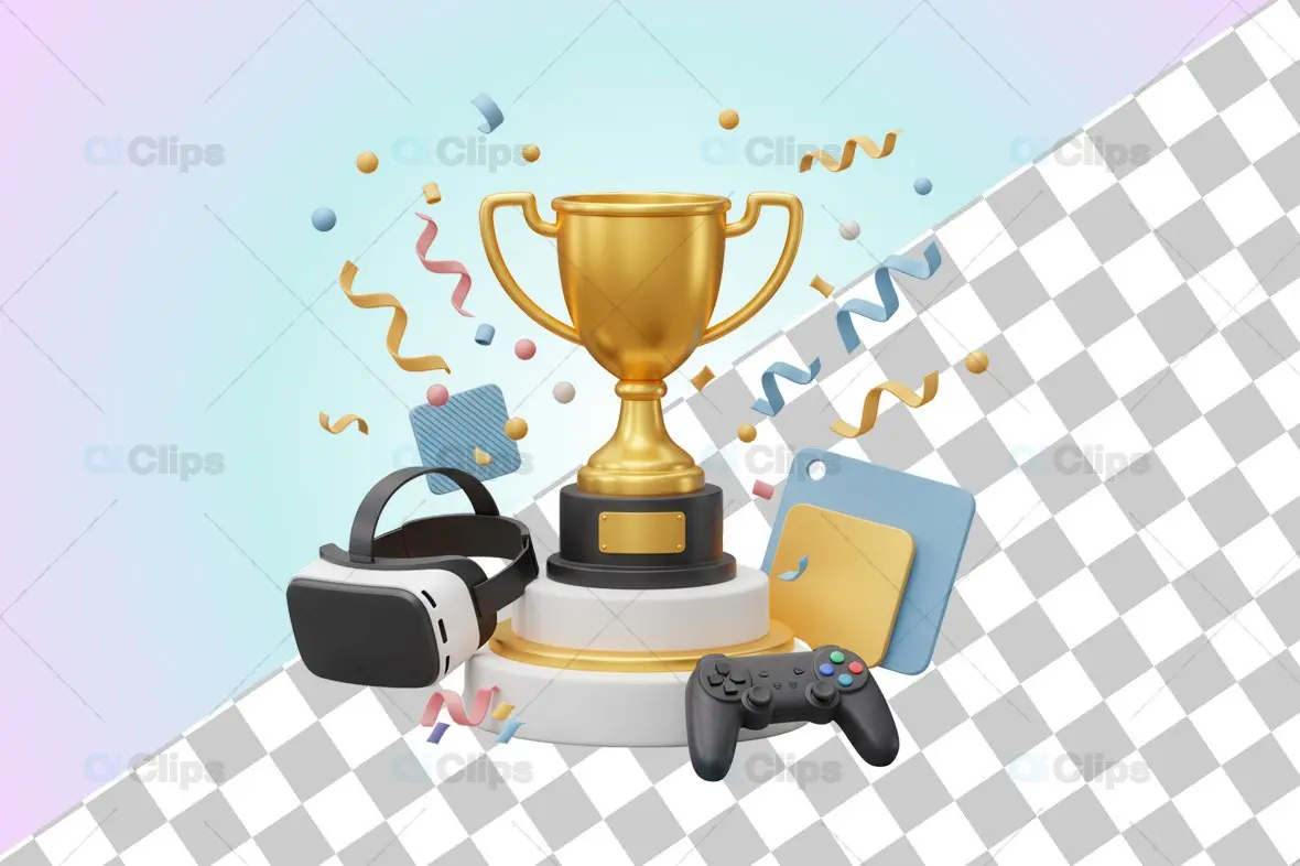 3D Gaming Trophy Scene with Accessories