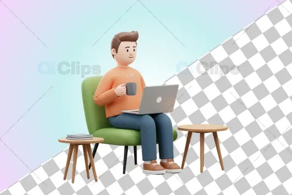 3D Man with Laptop and Coffee in Cozy Setting