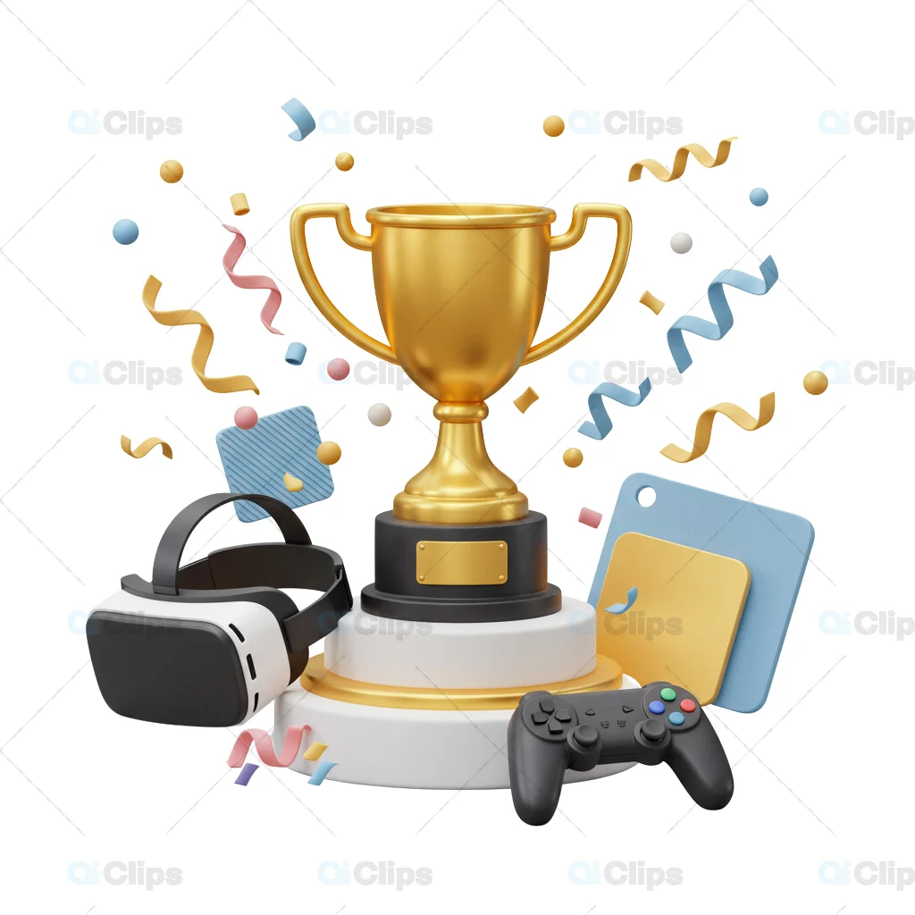 3D Gaming Trophy Scene with Accessories