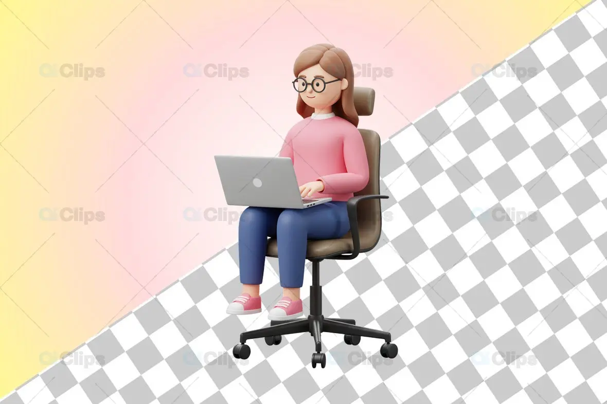 3D Female Character Sitting and Working on Laptop