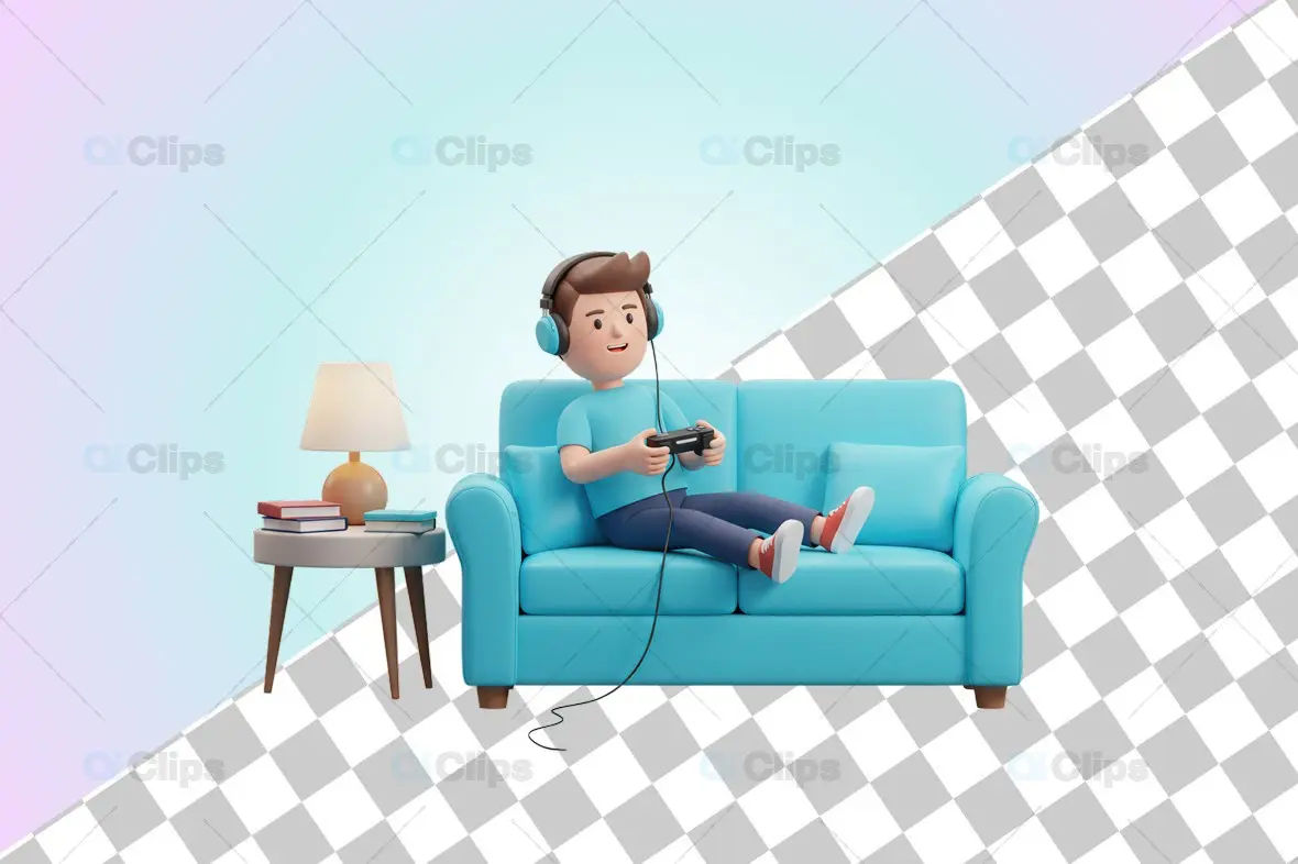 3D Gamer on Couch with Headphones