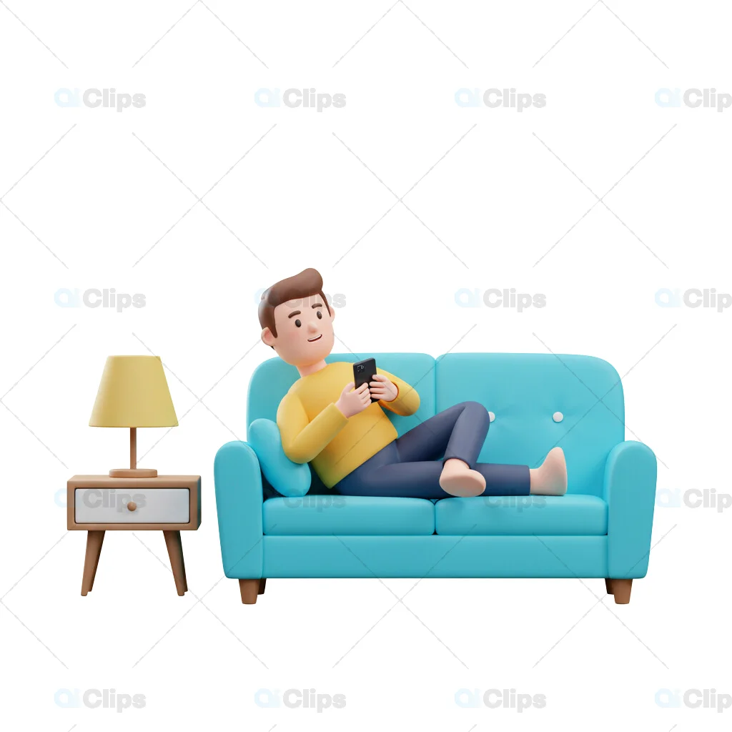 3D Relaxed Man on Sofa with Smartphone