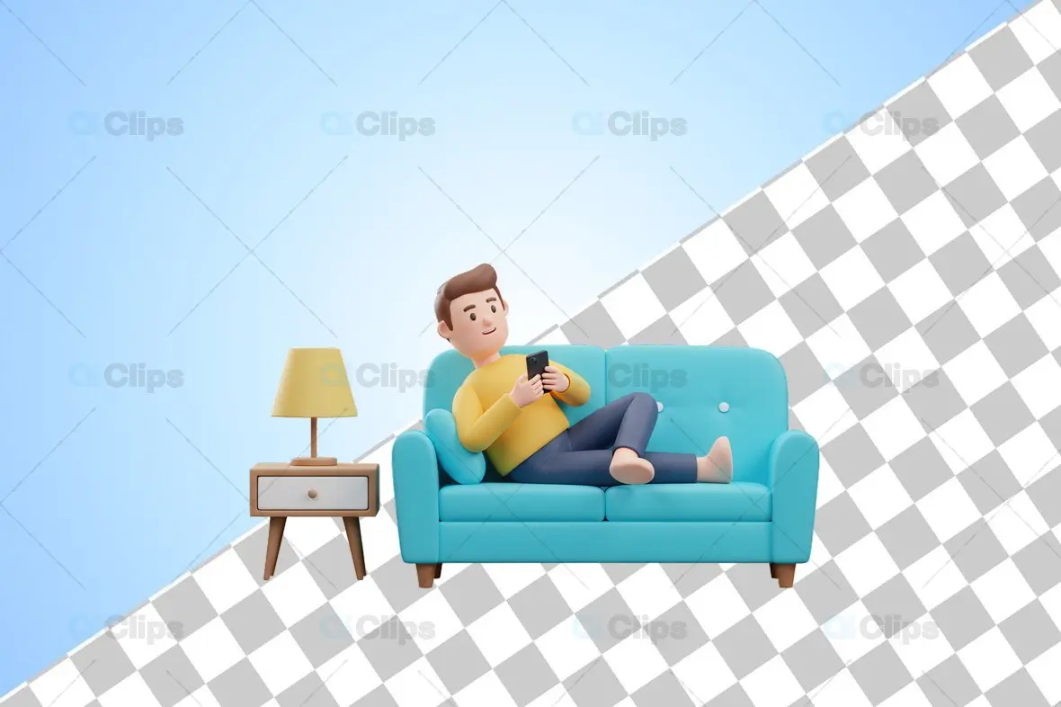 3D Relaxed Man on Sofa with Smartphone