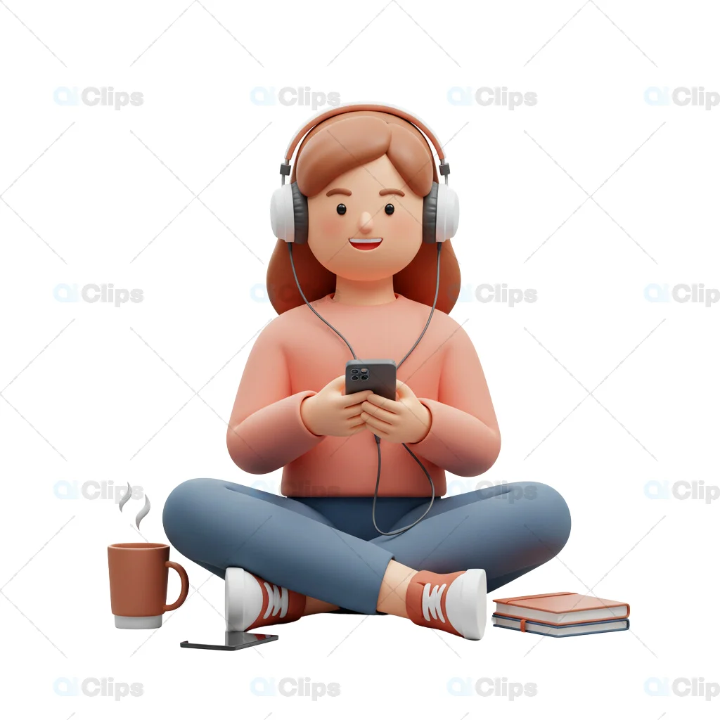 3D Female Character Relaxing with Headphones and Smartphone