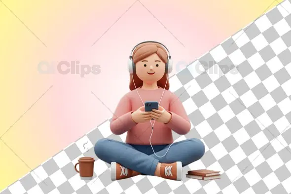 3D Female Character Listening to Music with Headphones