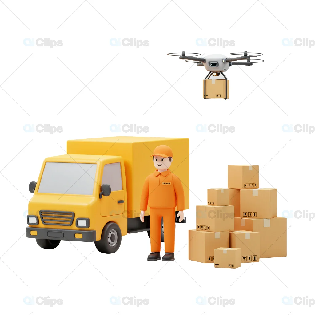 3D Delivery Logistics with Drone and Truck Illustration