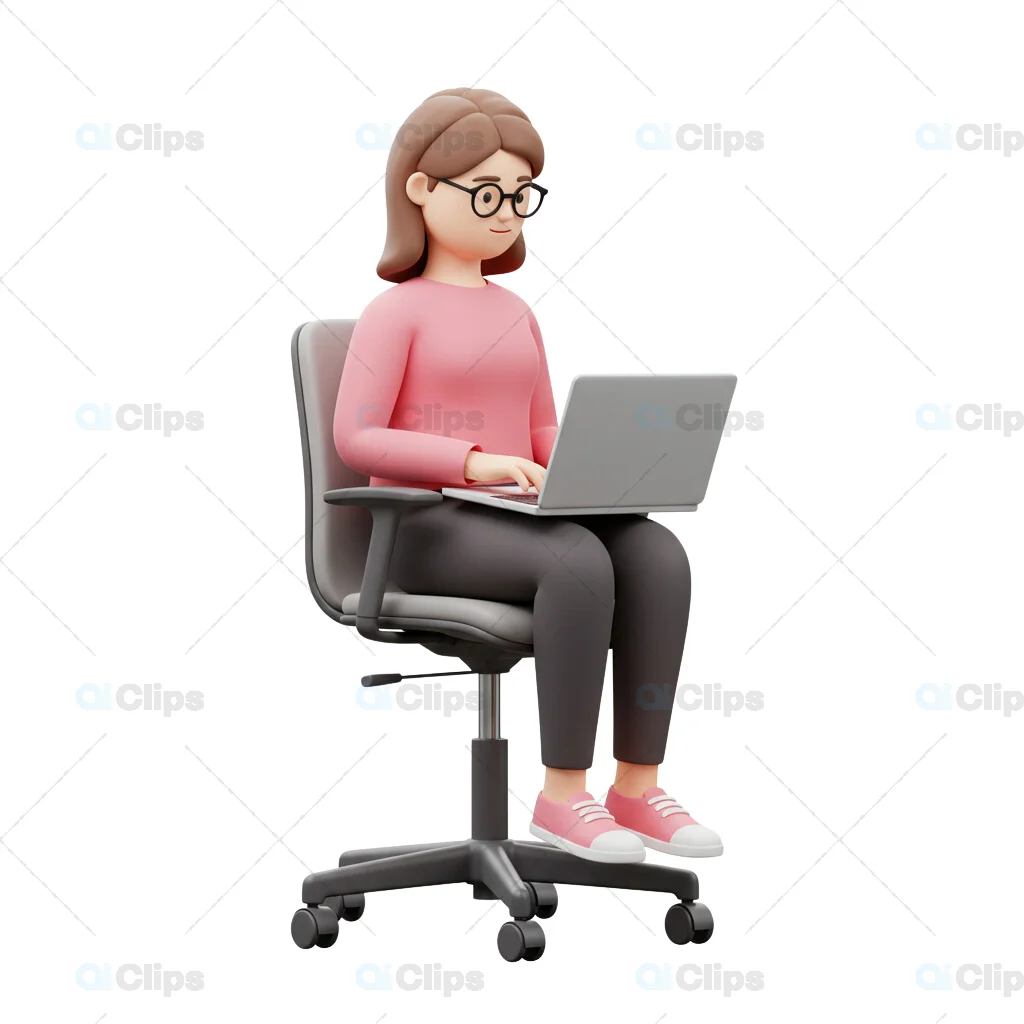 3D Female Character Working on Laptop