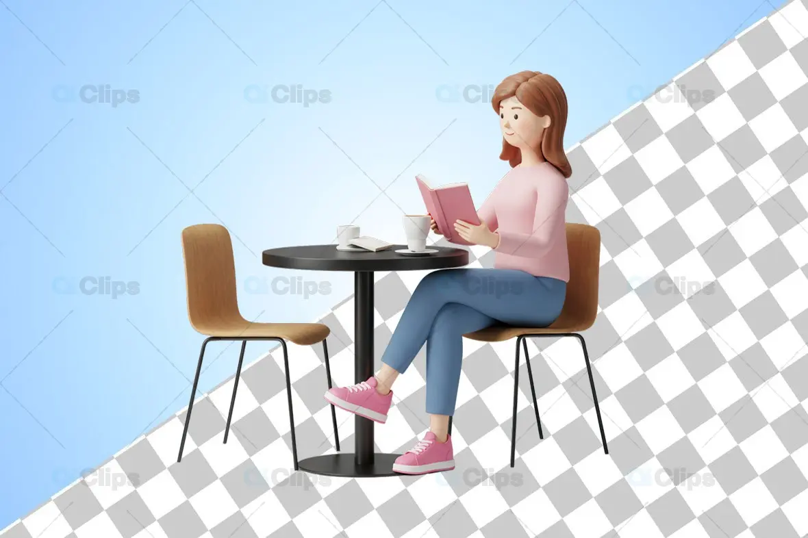 3D Female Character Reading in a Café