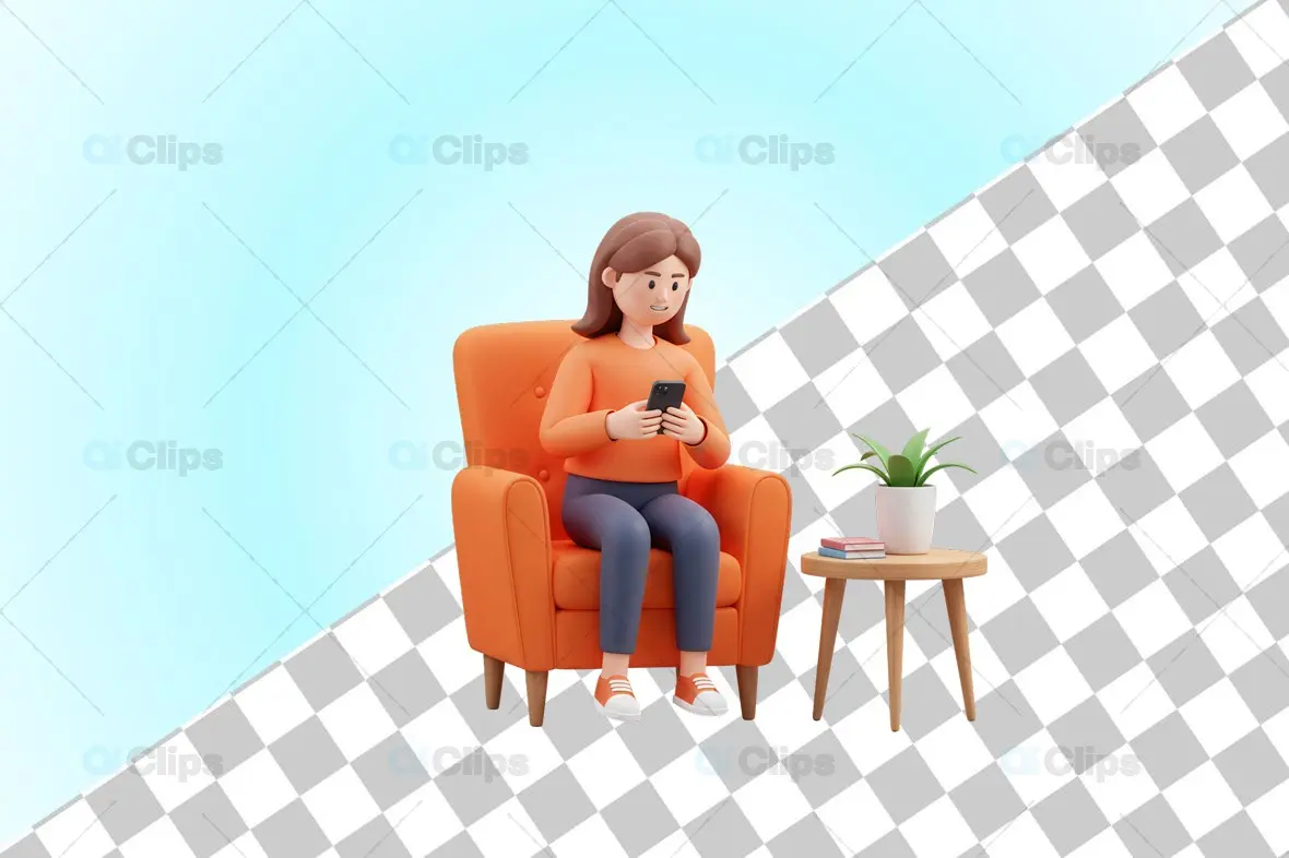 3D Woman Sitting in Orange Chair with Smartphone
