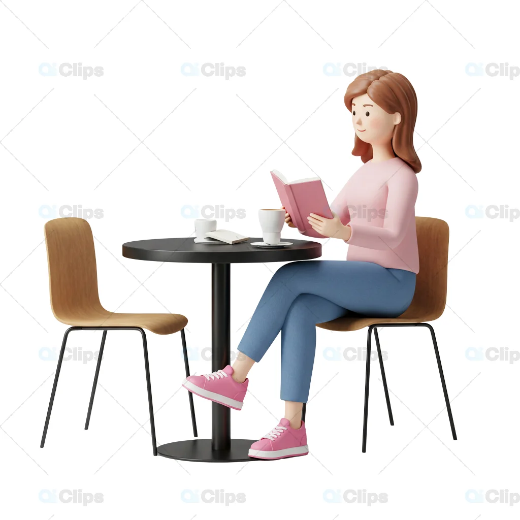 3D Female Character Reading in a Café