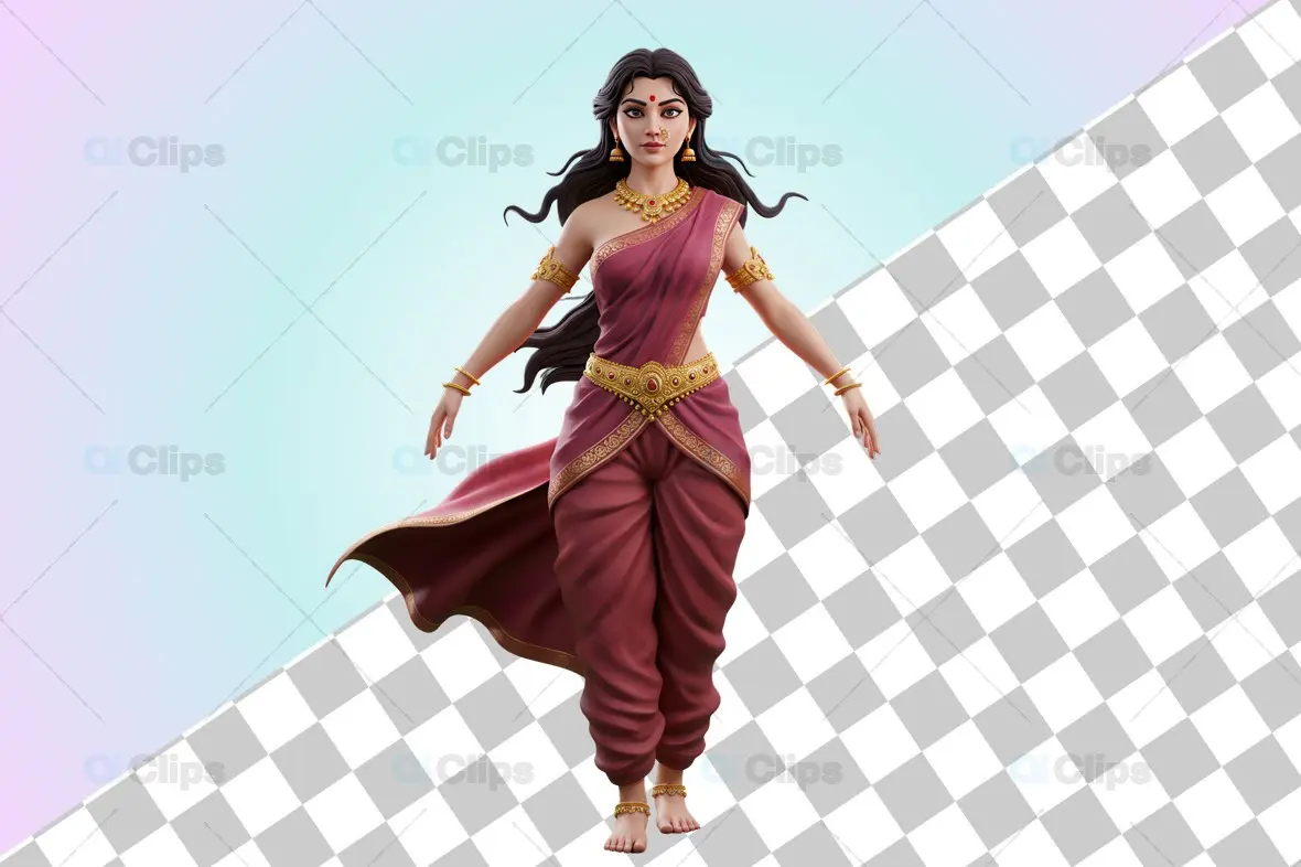 Graceful Indian Woman in Traditional Dhoti Saree - 3D Illustration