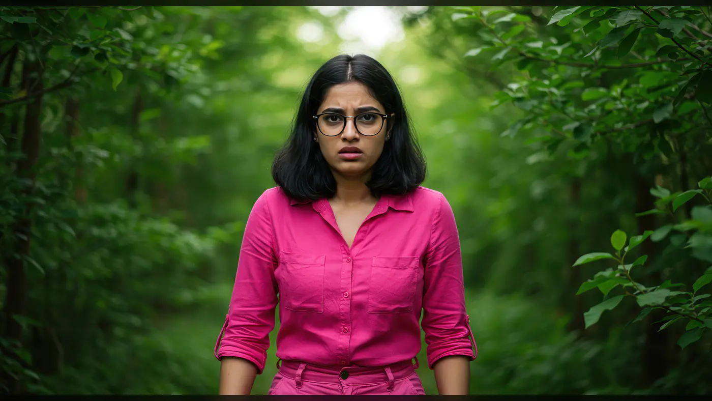 Young Woman in Pink Shirt Looking Anxious in Green Forest Path