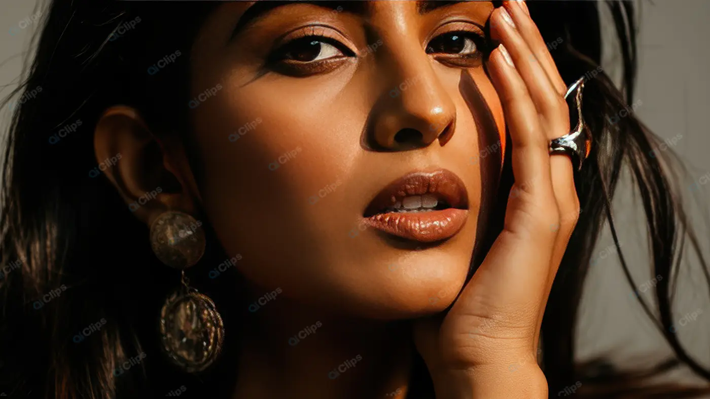 Elegant Close-Up of Woman with Statement Jewelry and Glossy Lips