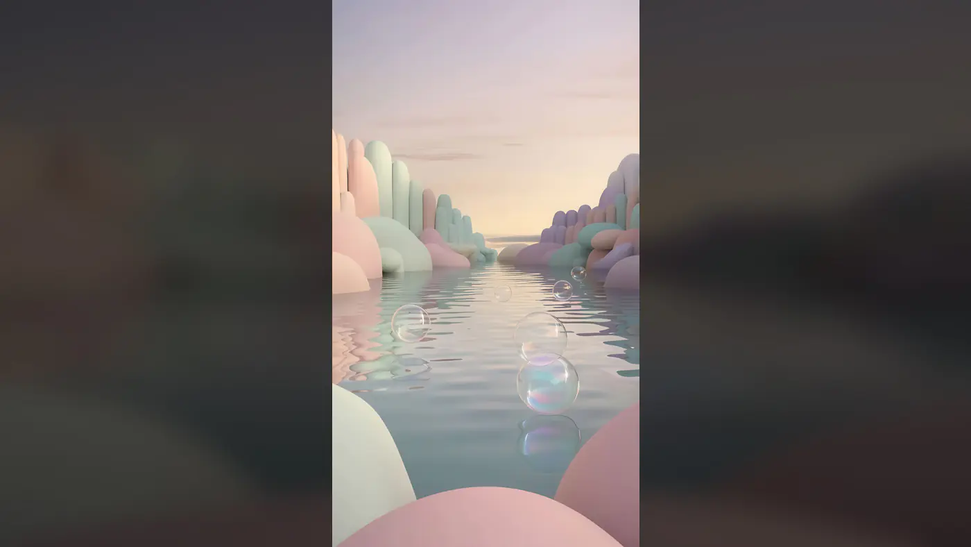 Surreal Pastel Landscape with Bubbles Over Calm Water