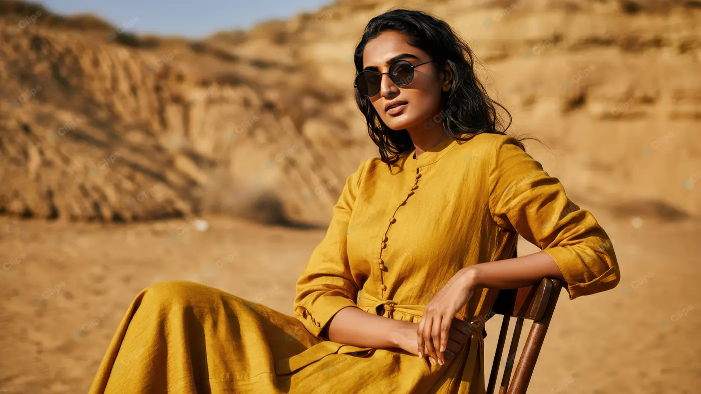Confident Woman in Yellow Dress with Sunglasses in Desert Setting