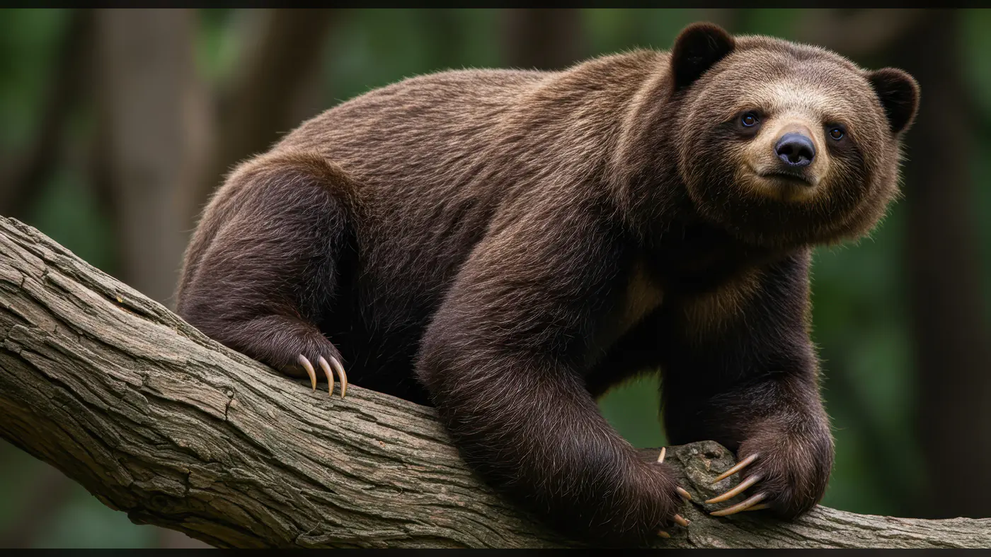 Brown Bear Balancing on Tree Branch in Forest Habitat