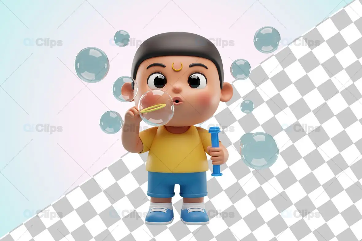 Adorable 3D Kid Blowing Bubbles Illustration