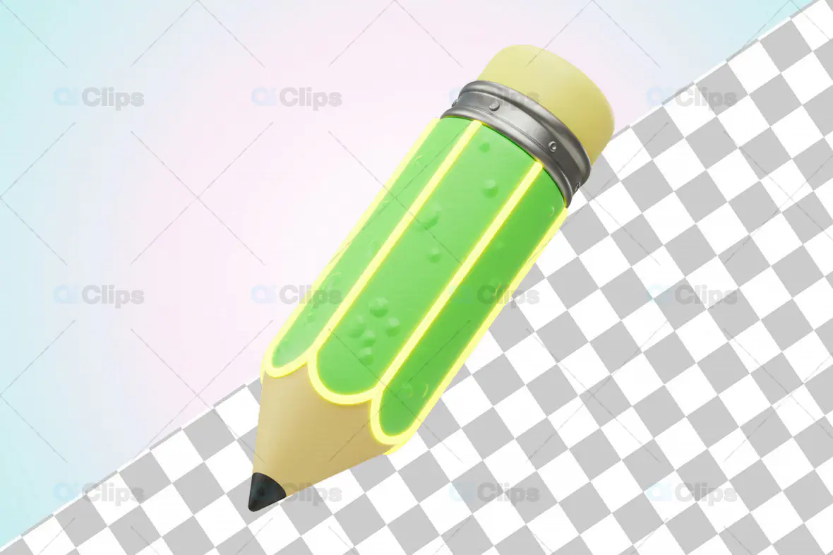 3D Green Pencil with Yellow Eraser and Transparent Background