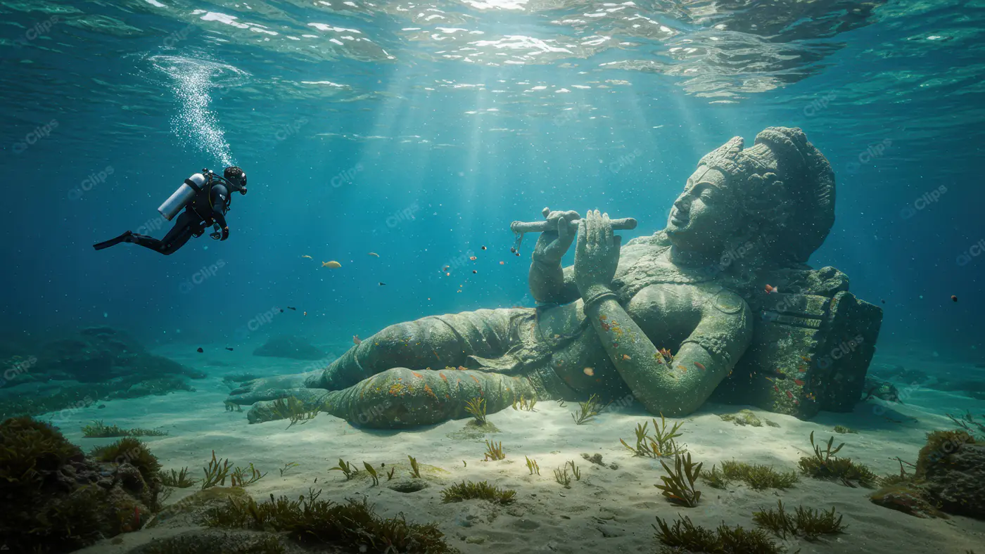 Submerged Krishna Statue with Diver Encounter in Mystic Waters