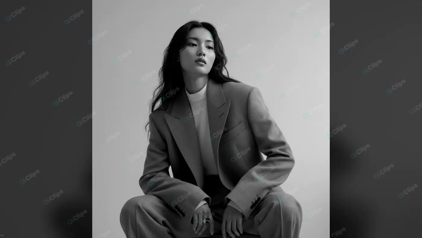 Monochrome Portrait of Confident Woman in Oversized Suit