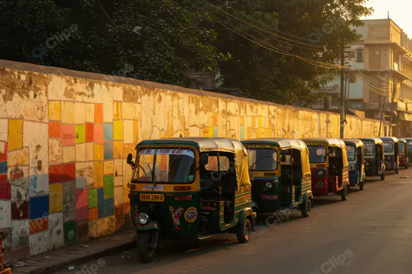 Line of Auto Rickshaws Parked Along Colorful Urban Street – Indian Transportation Photo