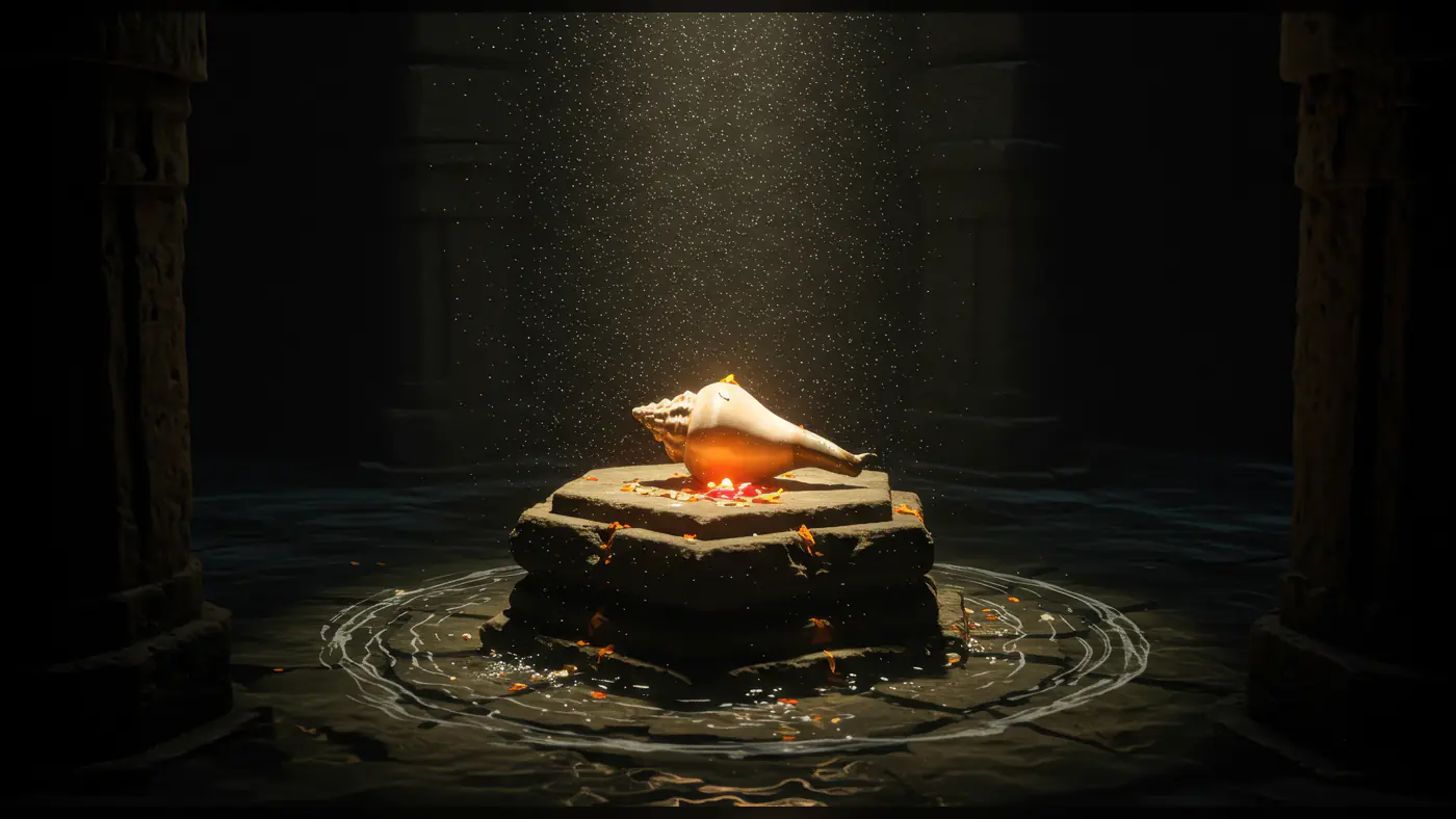 Divine Conch Shell with Glowing Light on Ancient Stone Altar