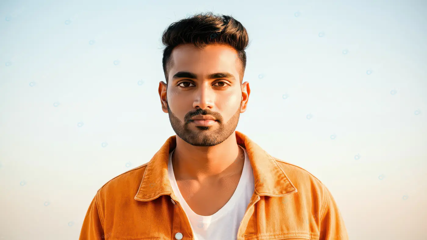 Confident Indian Man in Orange Jacket at Sunset Outdoors