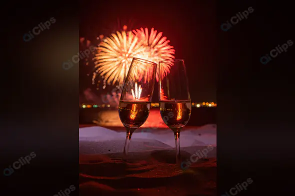 Champagne Toast on Beach with Fireworks at Night
