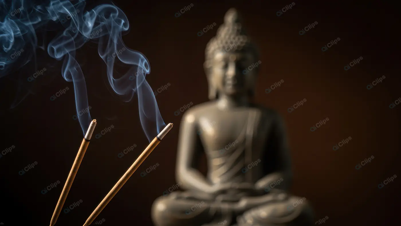 Meditation Buddha Statue with Burning Incense Sticks and Calm Smoke