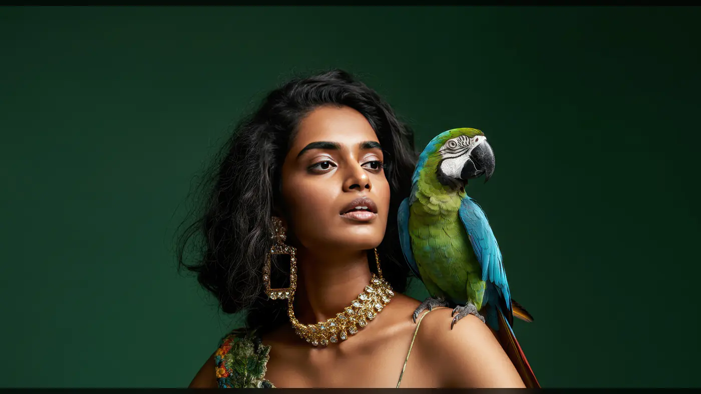 Elegant Woman with Macaw Parrot in Luxury Fashion Portrait